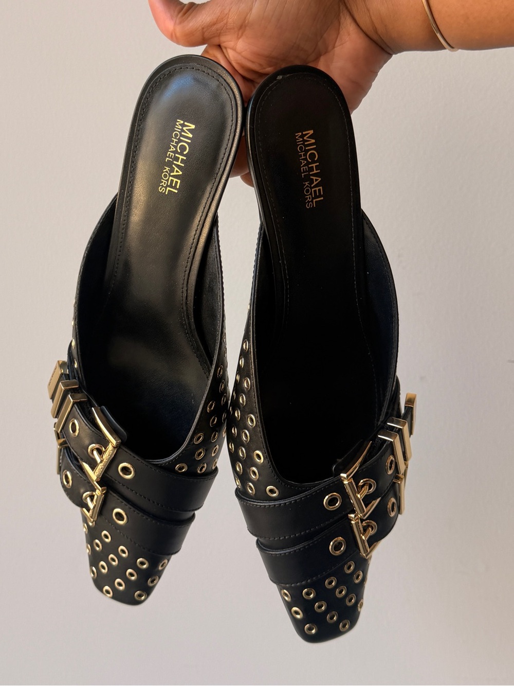 MICHAEL Michael Kors Black Leather Studded Buckle Mules